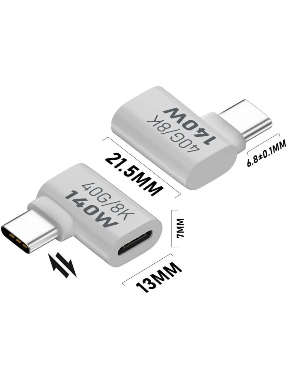 USB-C Female to Male 90° Adapter Extender 140W 40Gbps 8K – 2 Pack (White)